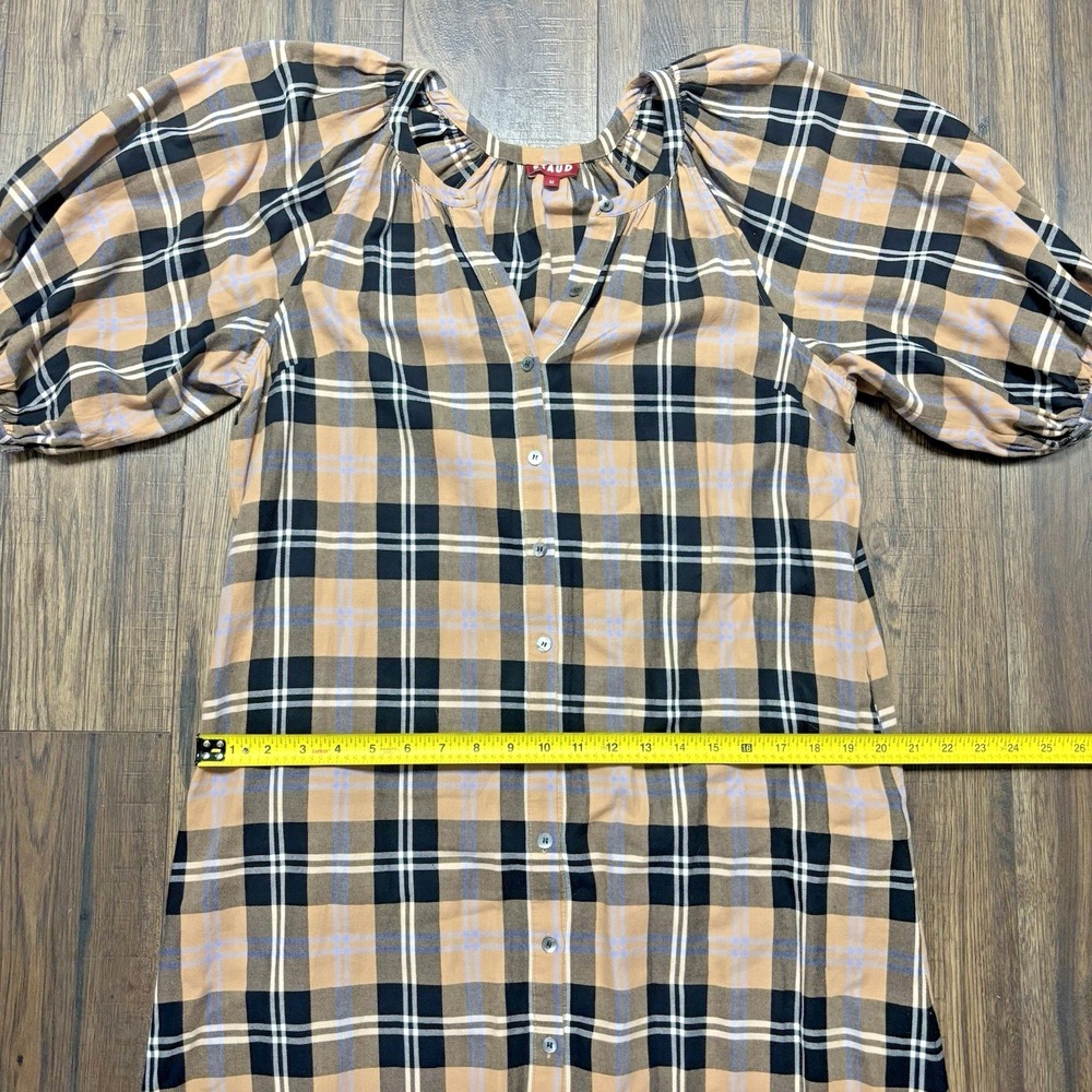 STAUD Plaid Cotton Midi Dress Button Front Puff Sleeve Women's Size Medium Tan - Picture 7 of 11